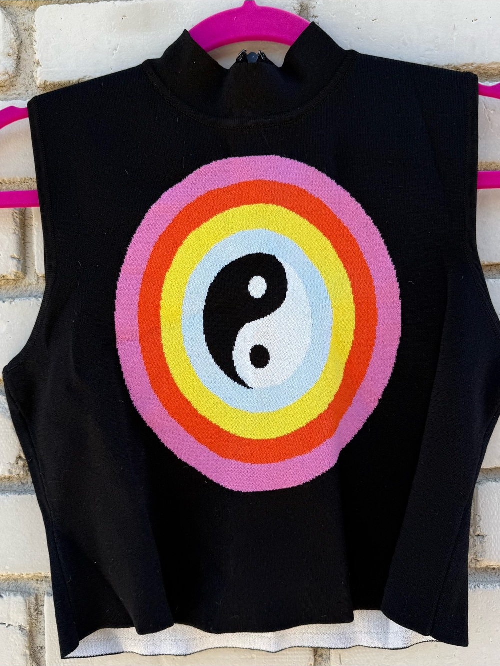 Staud Rainbow Yin Yang Mockneck Tank Top in Black - Size Large